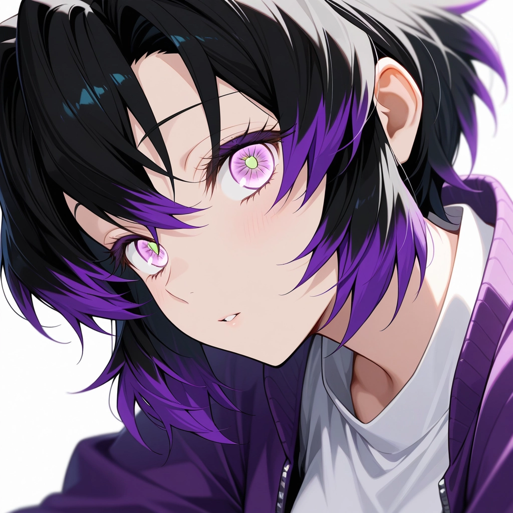 1girl, solo, purple hair, purple eyes, multicolored hair, shirt · Yamete.gg