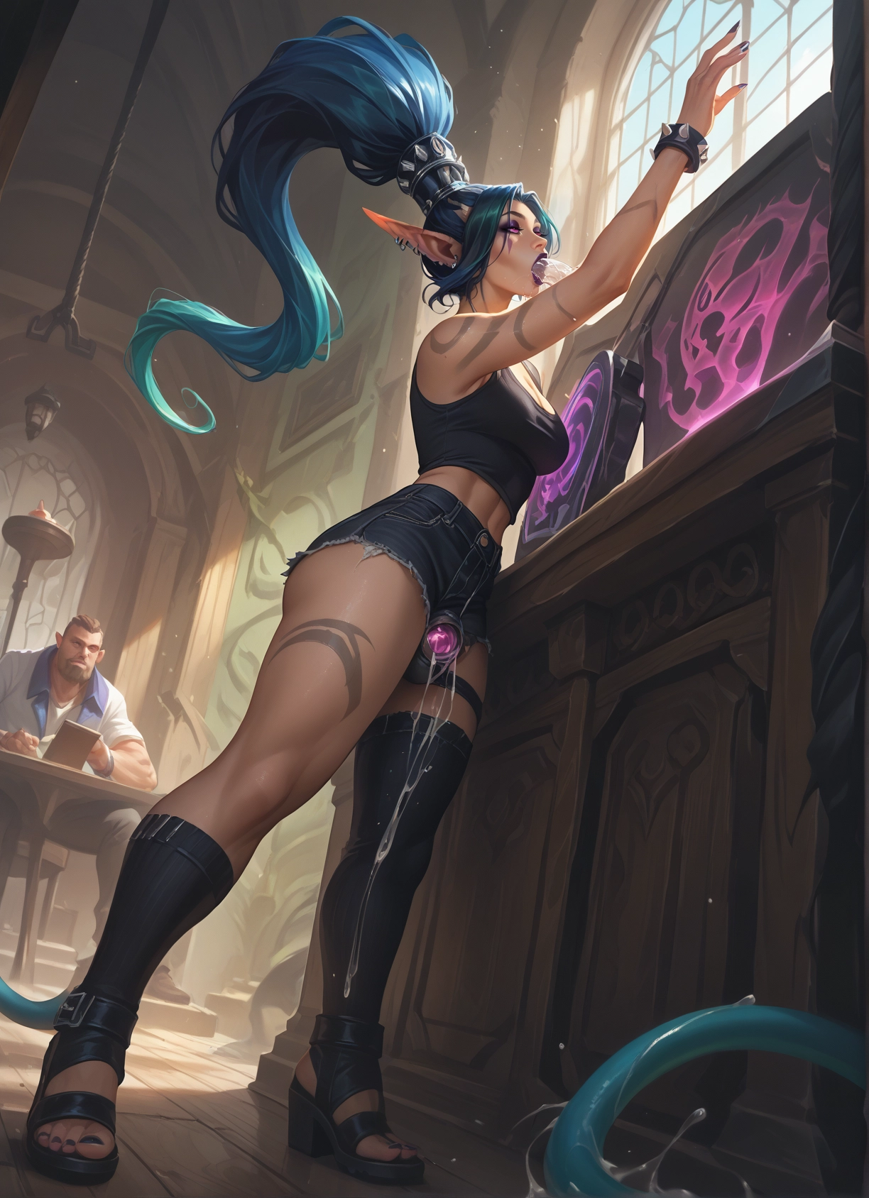 futanari, 1girl, 1boy, pointy ears, tail, shorts · Yamete.gg