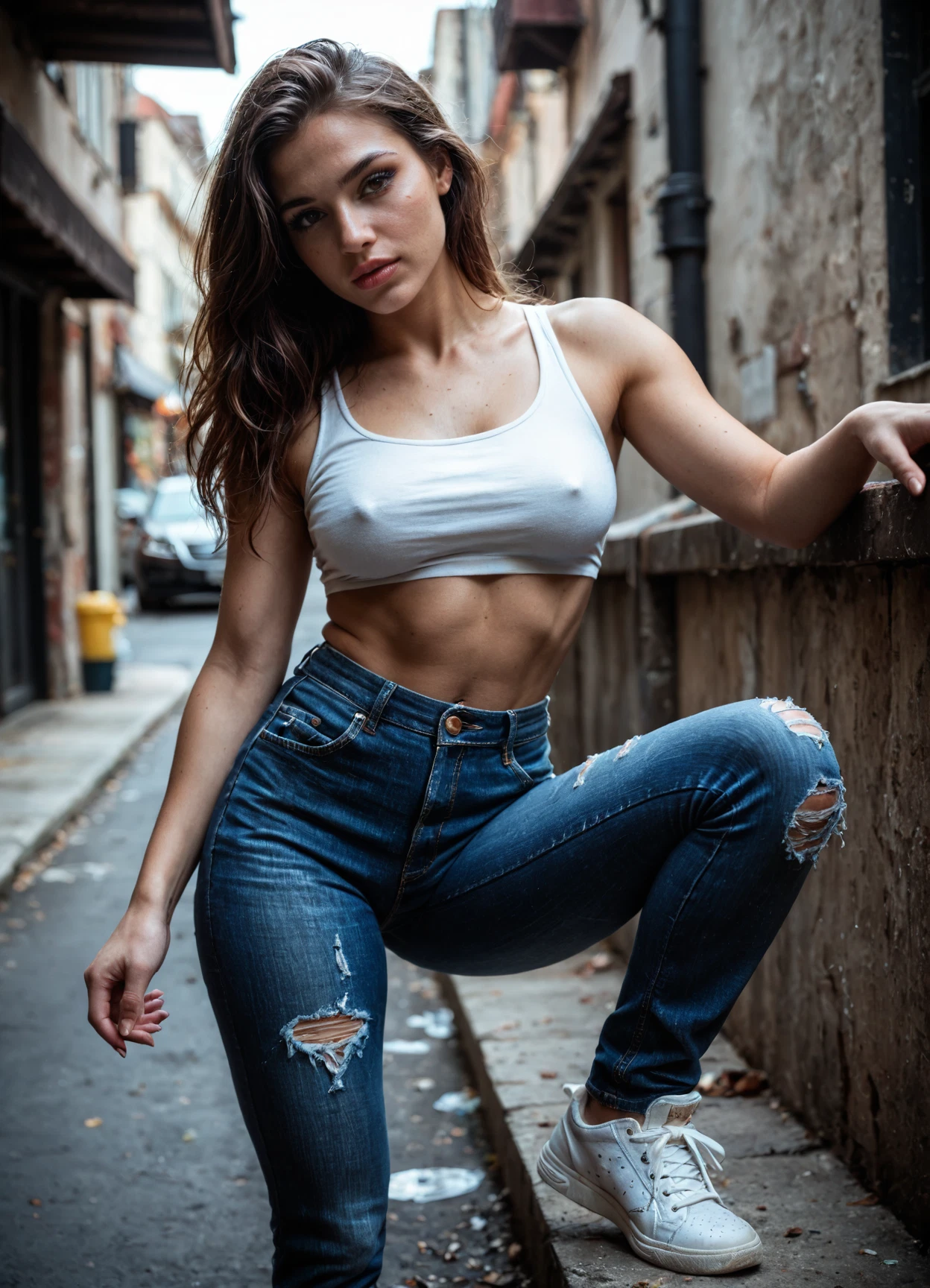 1girl, denim, realistic, jeans, pants, solo