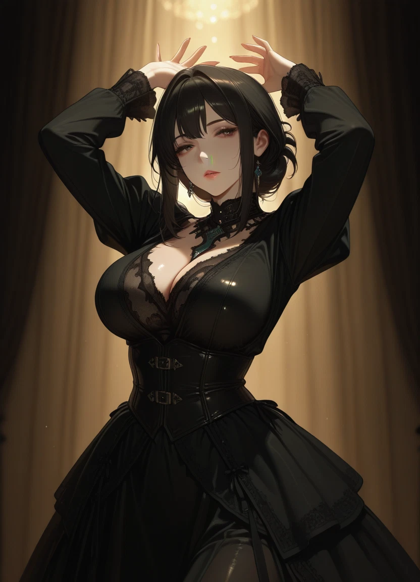1girl, breasts, solo, black hair, dress, black dress · Yamete.gg