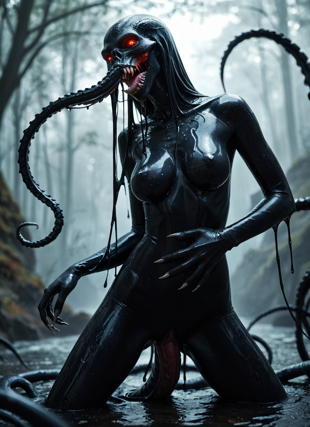 1girl, breasts, solo, red eyes, tongue, bodysuit · Yamete.gg