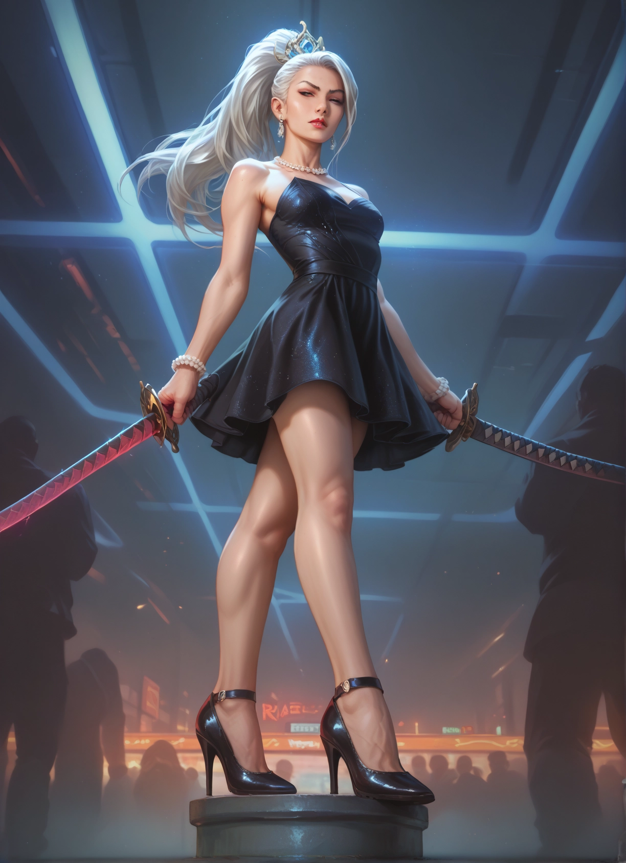 weapon, sword, 1girl, dress, high heels, jewelry · Yamete.gg