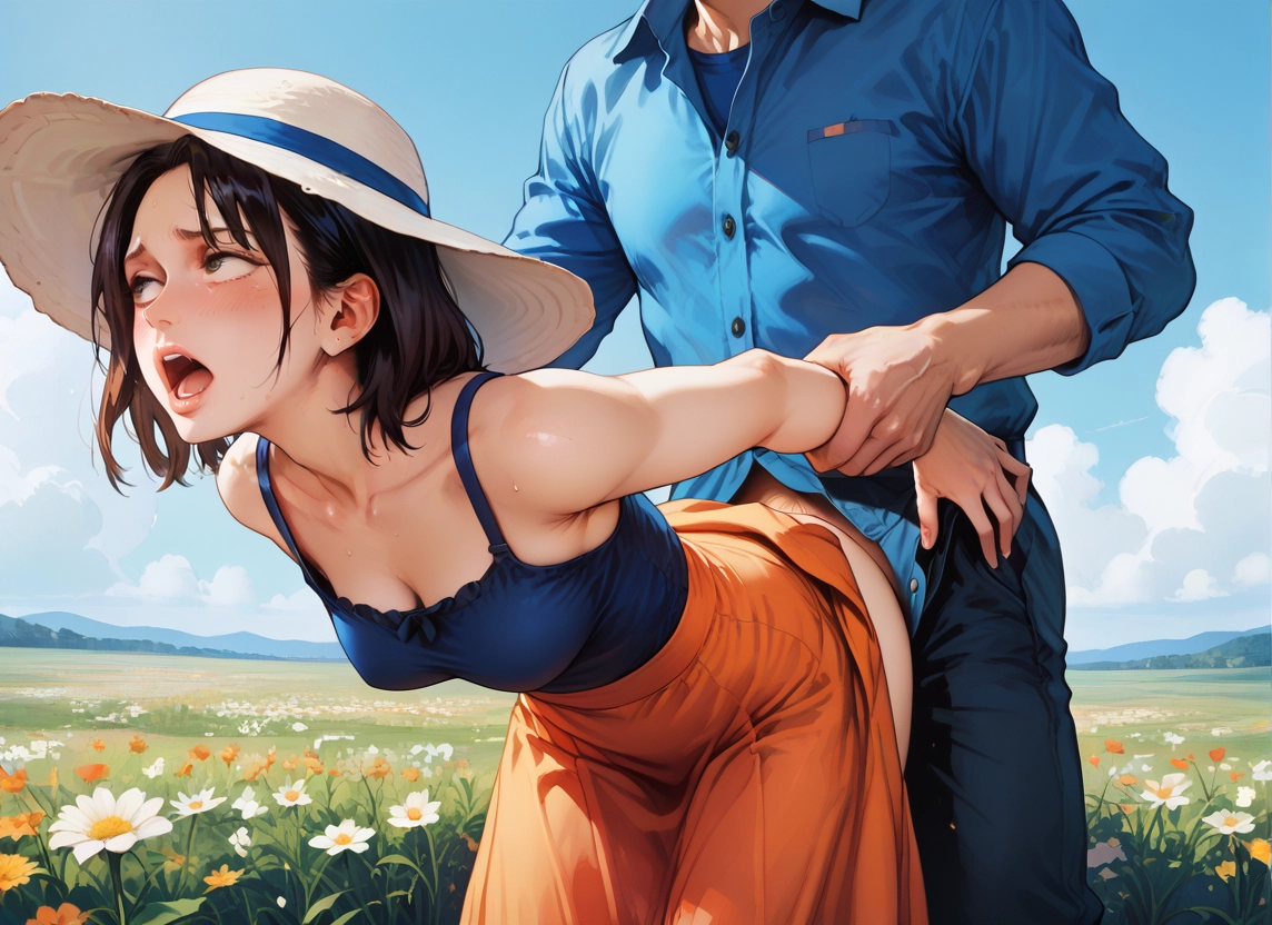 1girl, 1boy, flower, hat, outdoors, hetero · Yamete.gg