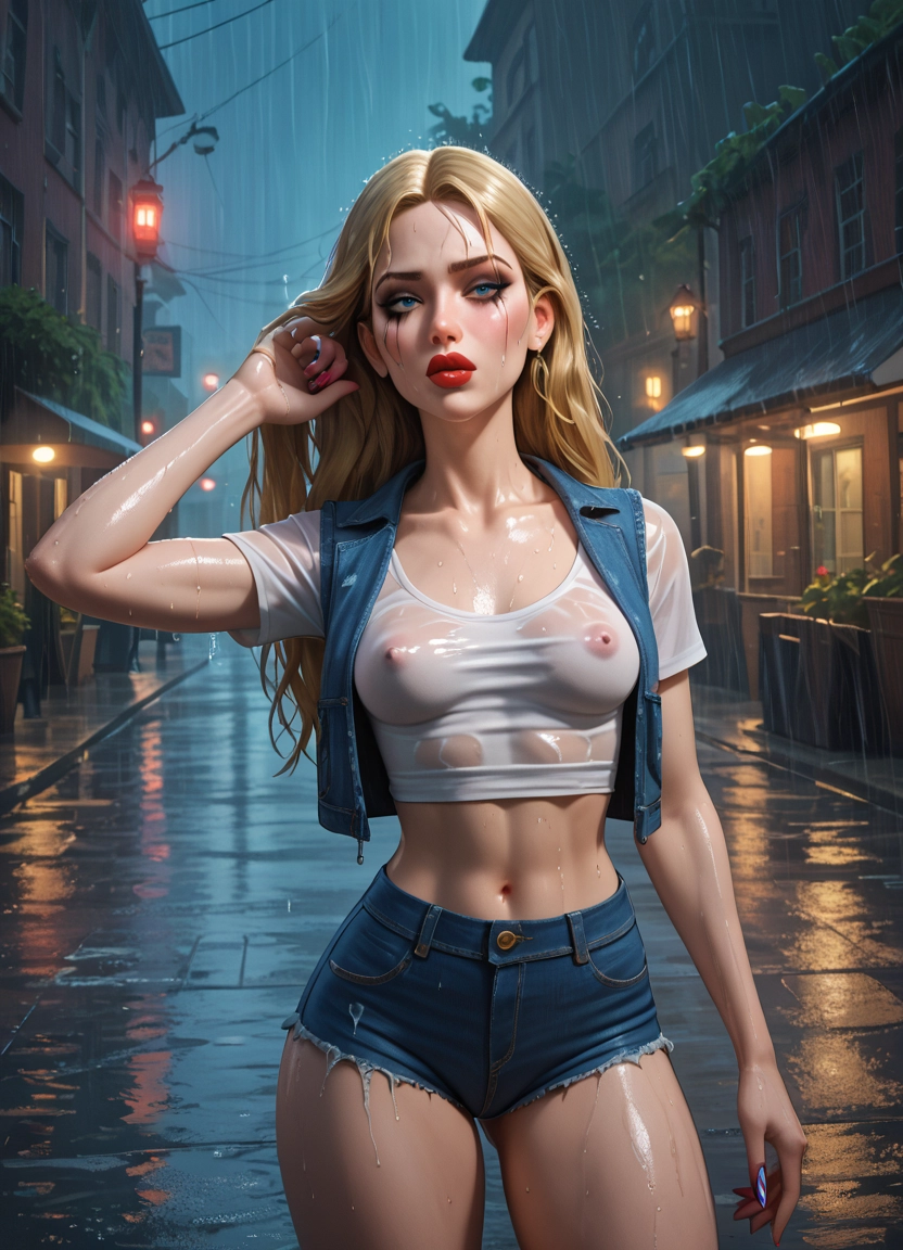 rain, 1girl, wet, wet clothes, shorts, denim · Yamete.gg