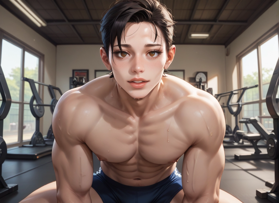 male focus, 1boy, sweat, looking at viewer, brown eyes, gym · Yamete.gg