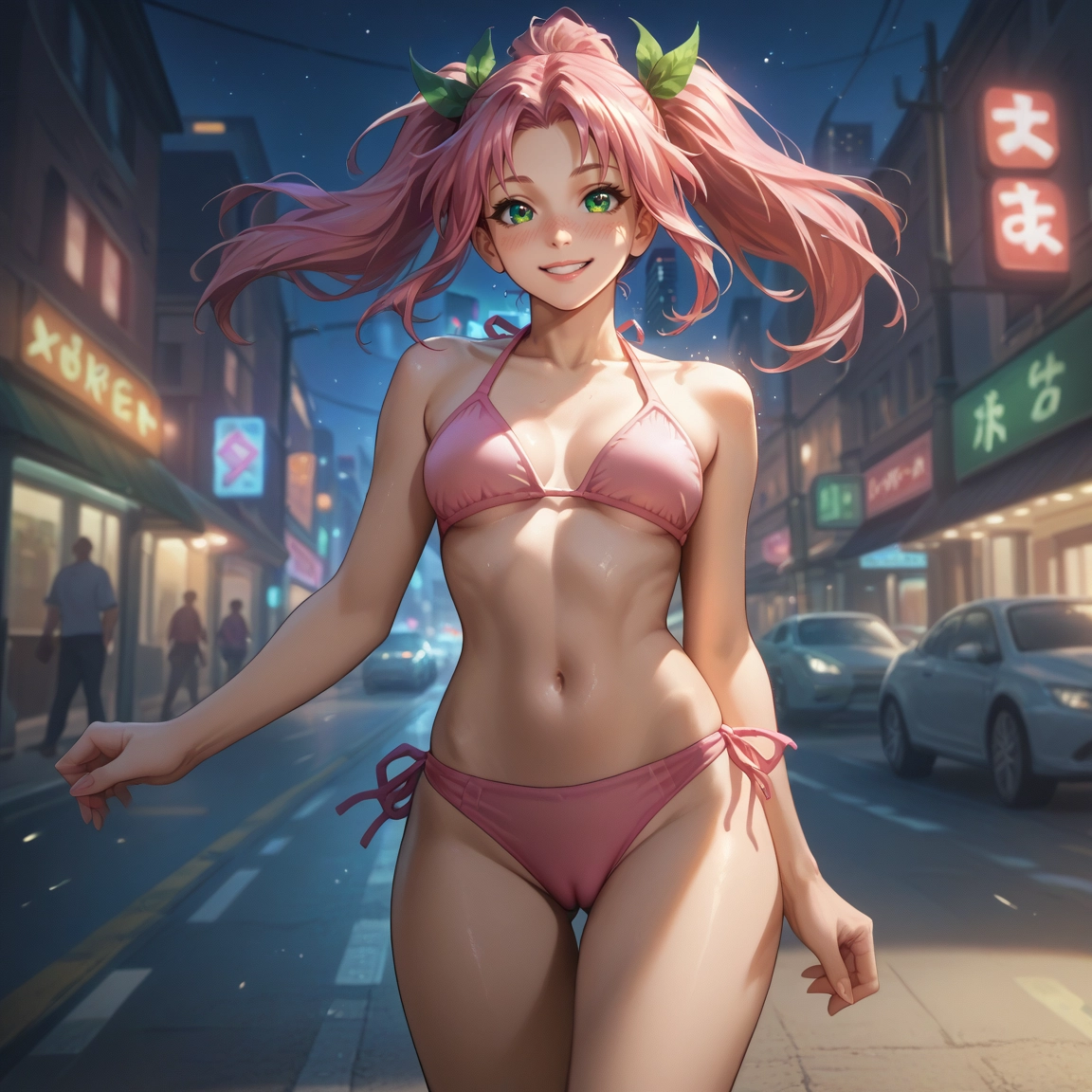 swimsuit, bikini, pink hair, breasts, green eyes, smile · Yamete.gg