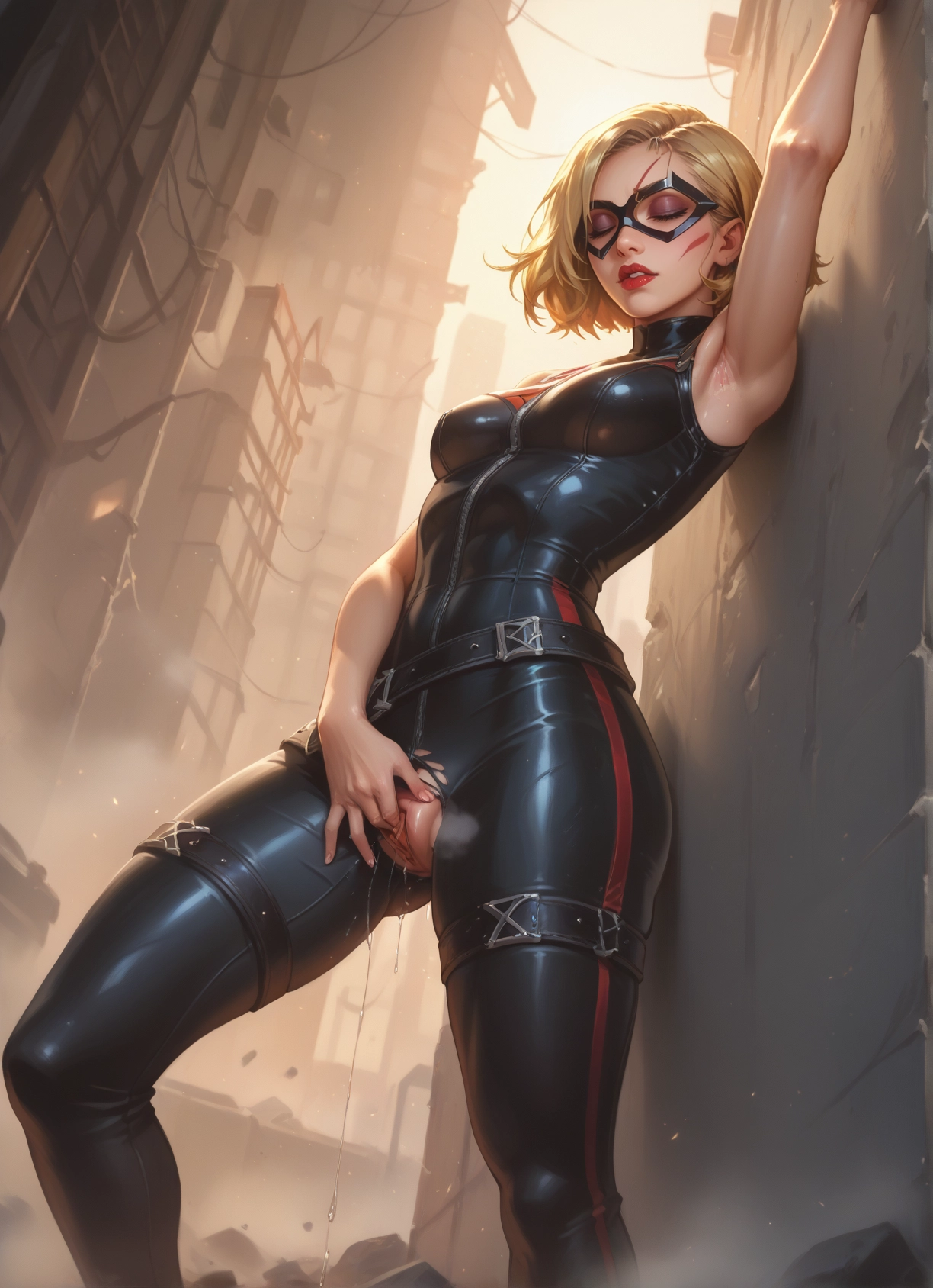 1girl, solo, breasts, blonde hair, armpits, bodysuit · Yamete.gg