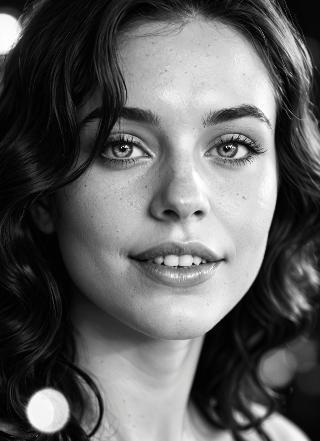 1girl, monochrome, greyscale, solo, freckles, realistic · Yamete.gg