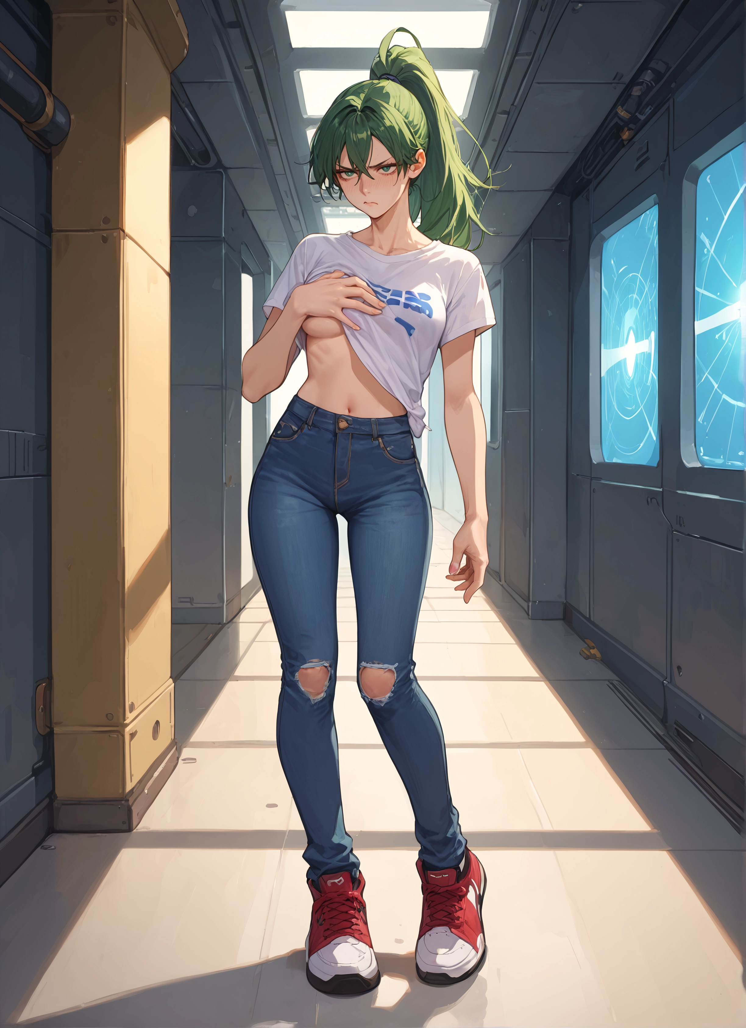 1girl, breasts, green hair, pants, navel, denim · Yamete.gg