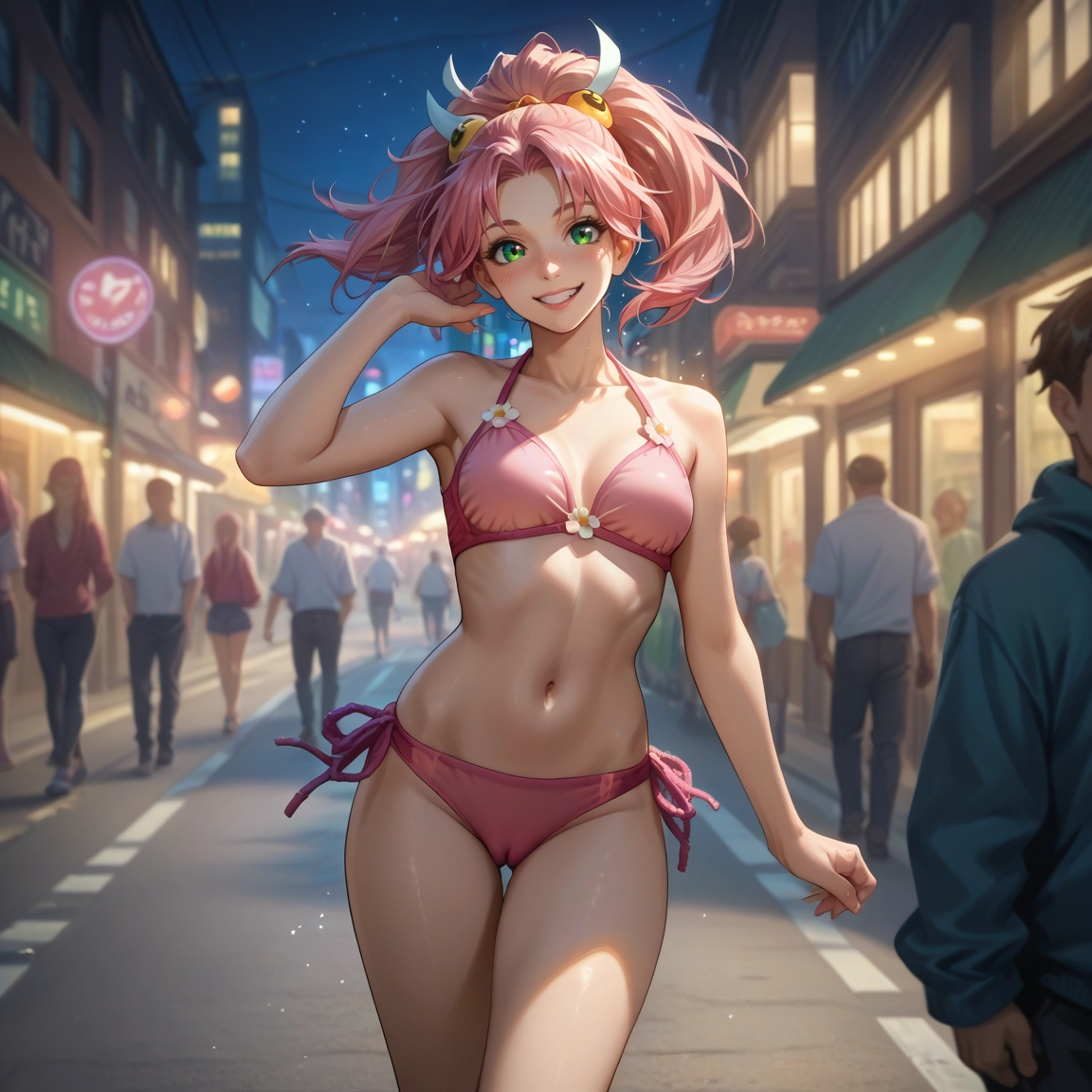 swimsuit, pink hair, bikini, green eyes, navel, smile · Yamete.gg