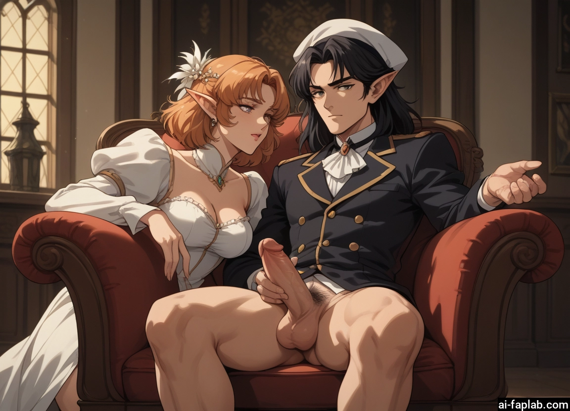 futanari, penis, 1girl, 1boy, pointy ears, breasts
