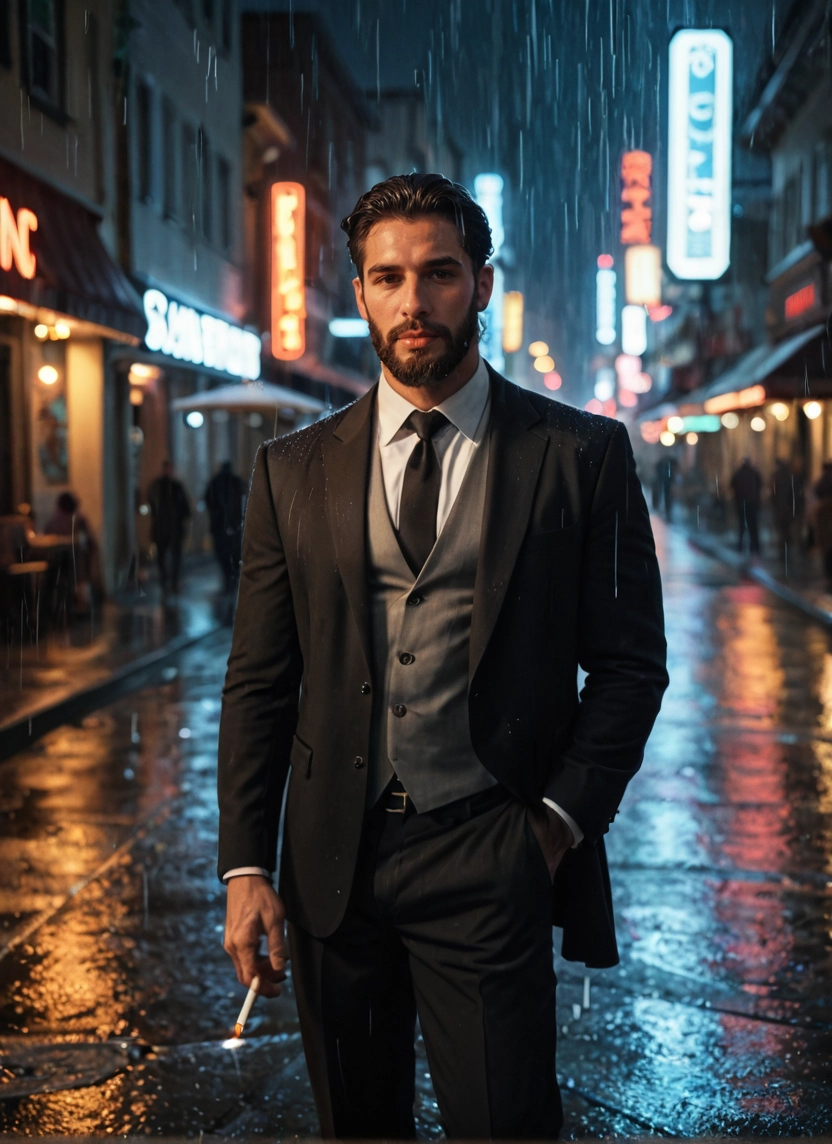 rain, cigarette, facial hair, necktie, formal, male focus · Yamete.gg
