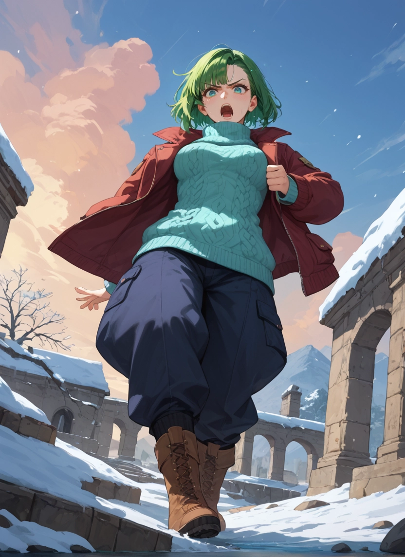 1girl, solo, jacket, sweater, green hair, outdoors · Yamete.gg