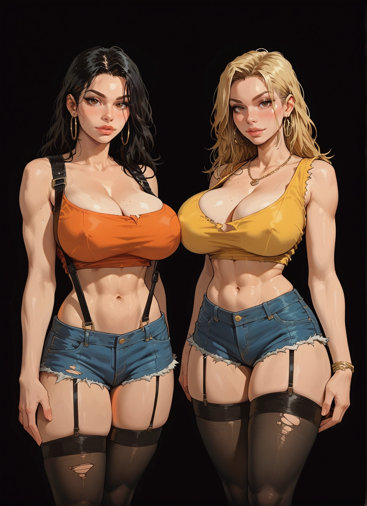breasts, 2girls, multiple girls, thighhighs, shorts, jewelry · Yamete.gg