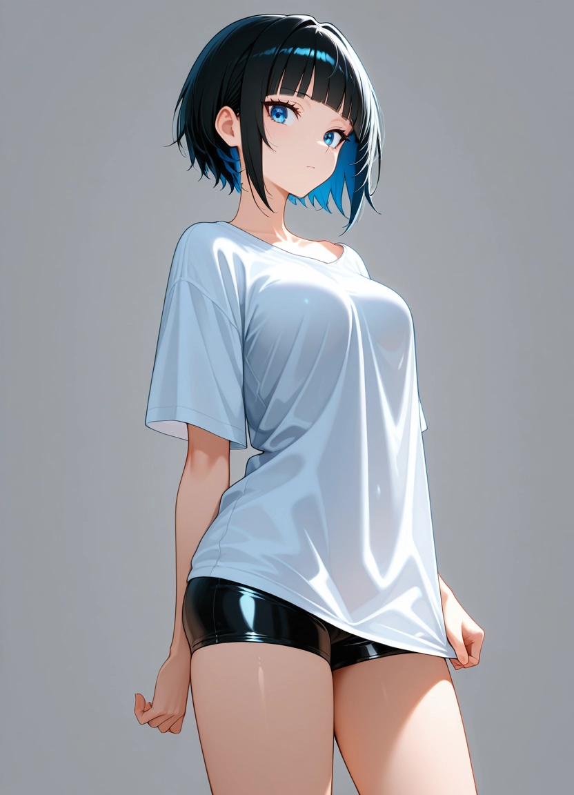 1girl, solo, shirt, blue eyes, shorts, breasts · Yamete.gg