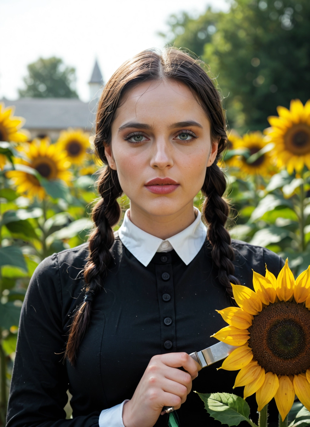 1girl, flower, solo, sunflower, braid, twin braids · Yamete.gg