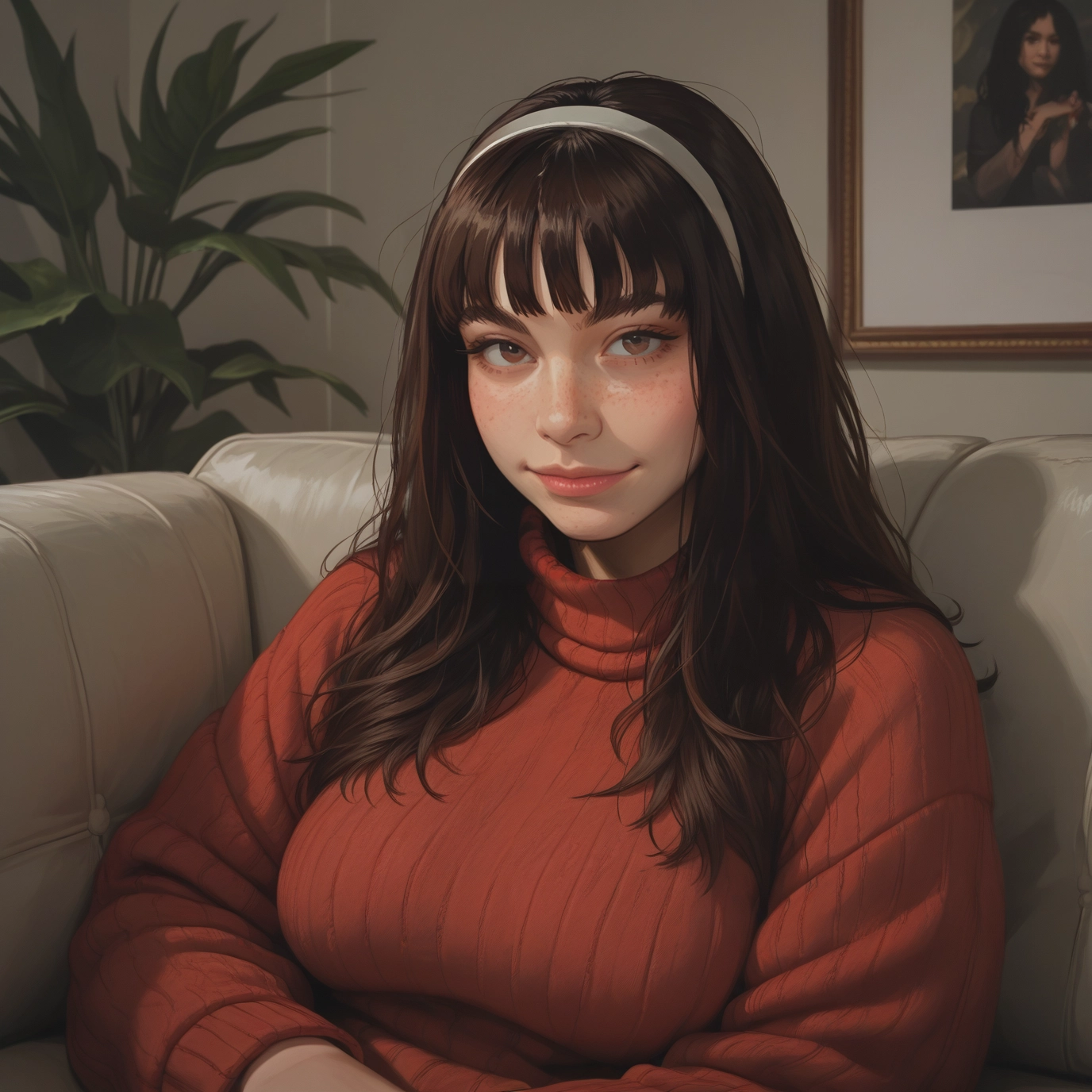 1girl, sweater, solo, hairband, freckles, brown eyes · Yamete.gg
