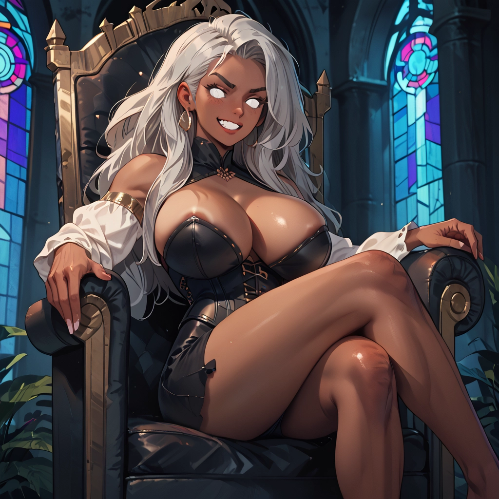 breasts, 1girl, jewelry, earrings, sitting, dark skin