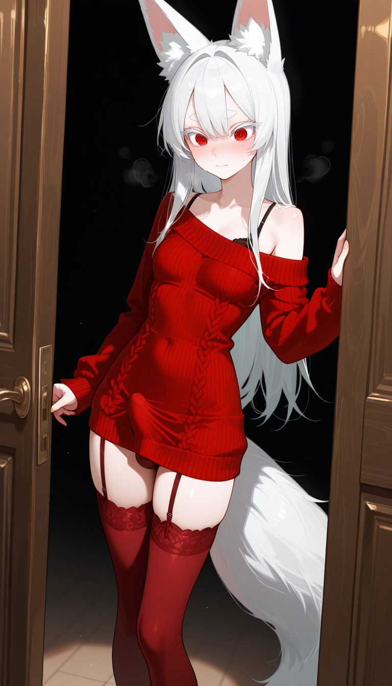 futanari, red thighhighs, animal ears, 1girl, underwear, solo · Yamete.gg