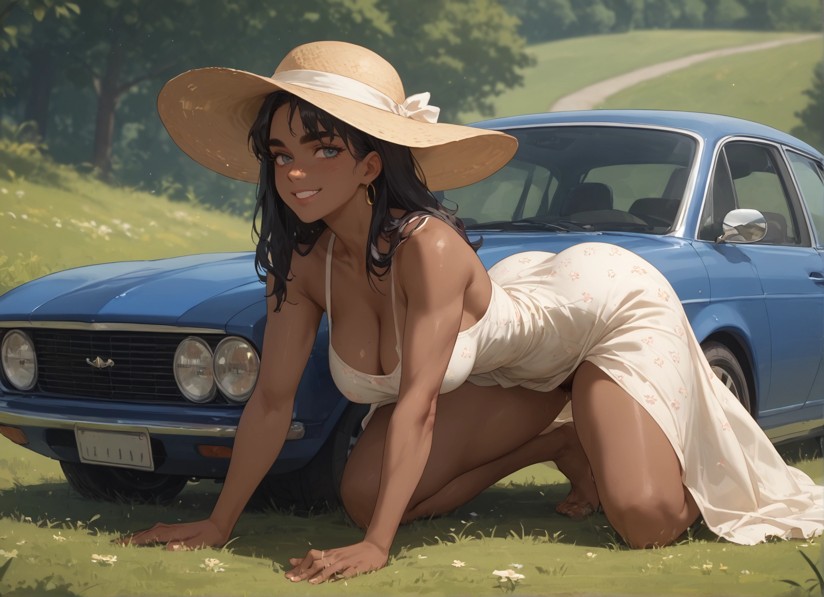 1girl, breasts, hat, dress, ground vehicle, motor vehicle · Yamete.gg