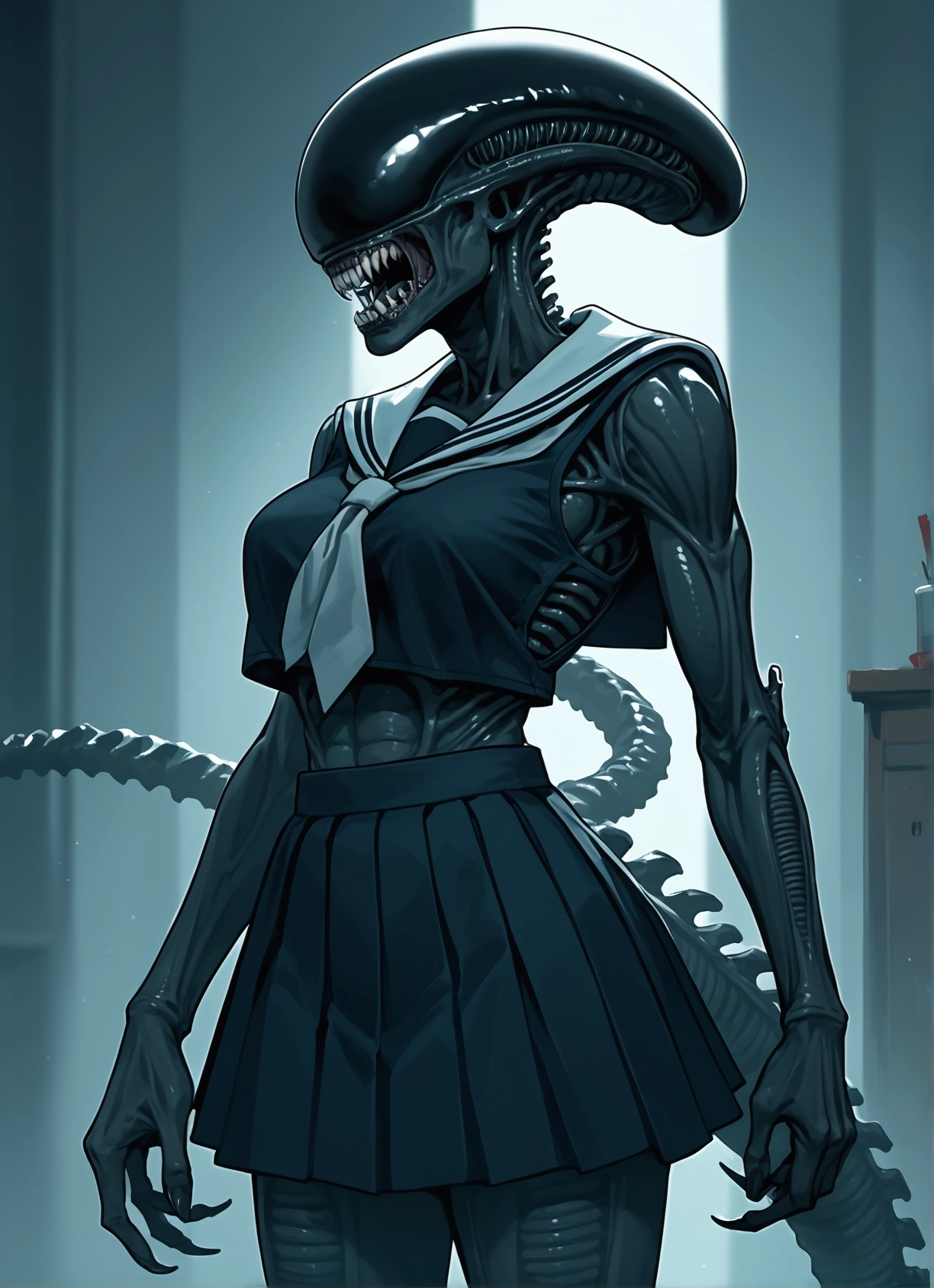 1girl, skirt, school uniform, teeth, serafuku, sharp teeth · Yamete.gg
