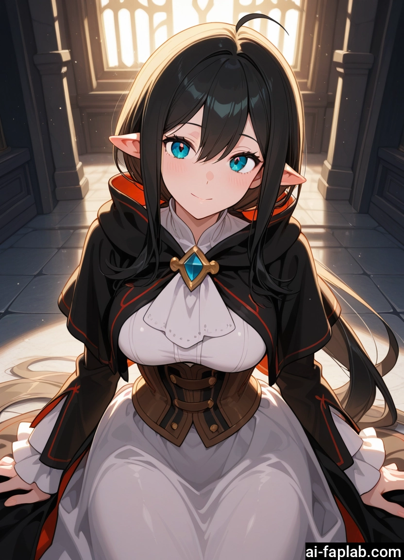 1girl, pointy ears, long hair, solo, black hair, smile · Yamete.gg