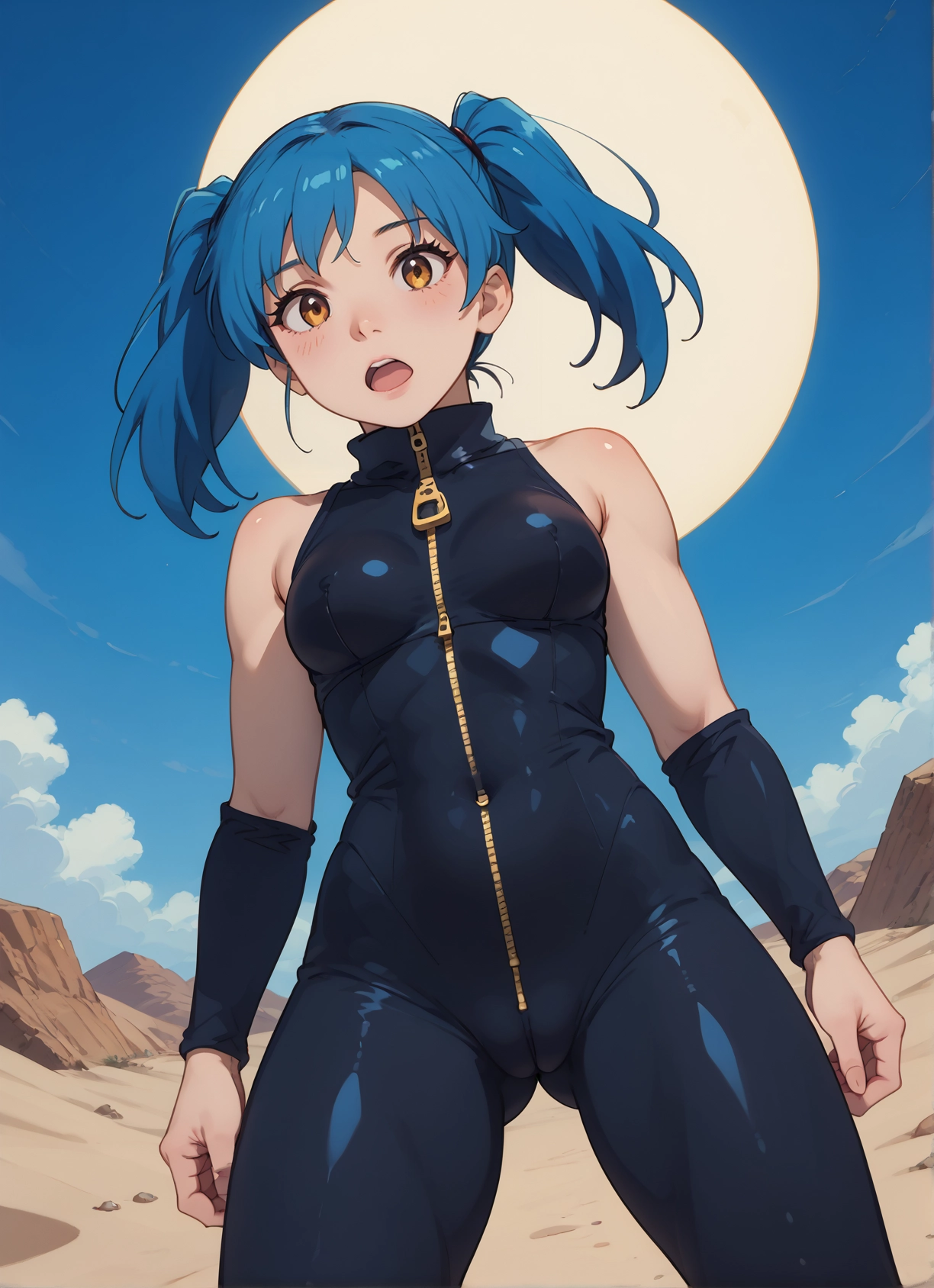 1girl, solo, open mouth, twintails, blue hair, breasts · Yamete.gg