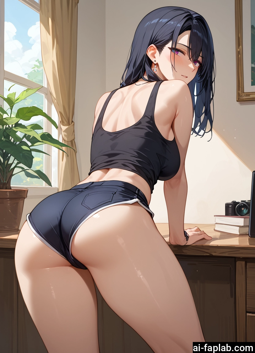 1girl, ass, shorts, breasts, solo, black hair · Yamete.gg