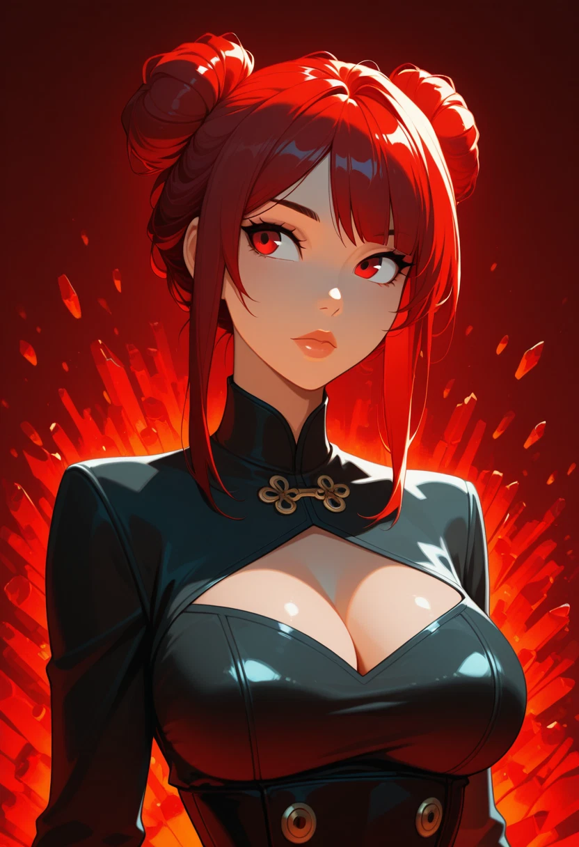 1girl, breasts, solo, hair bun, red eyes, cleavage cutout · Yamete.gg