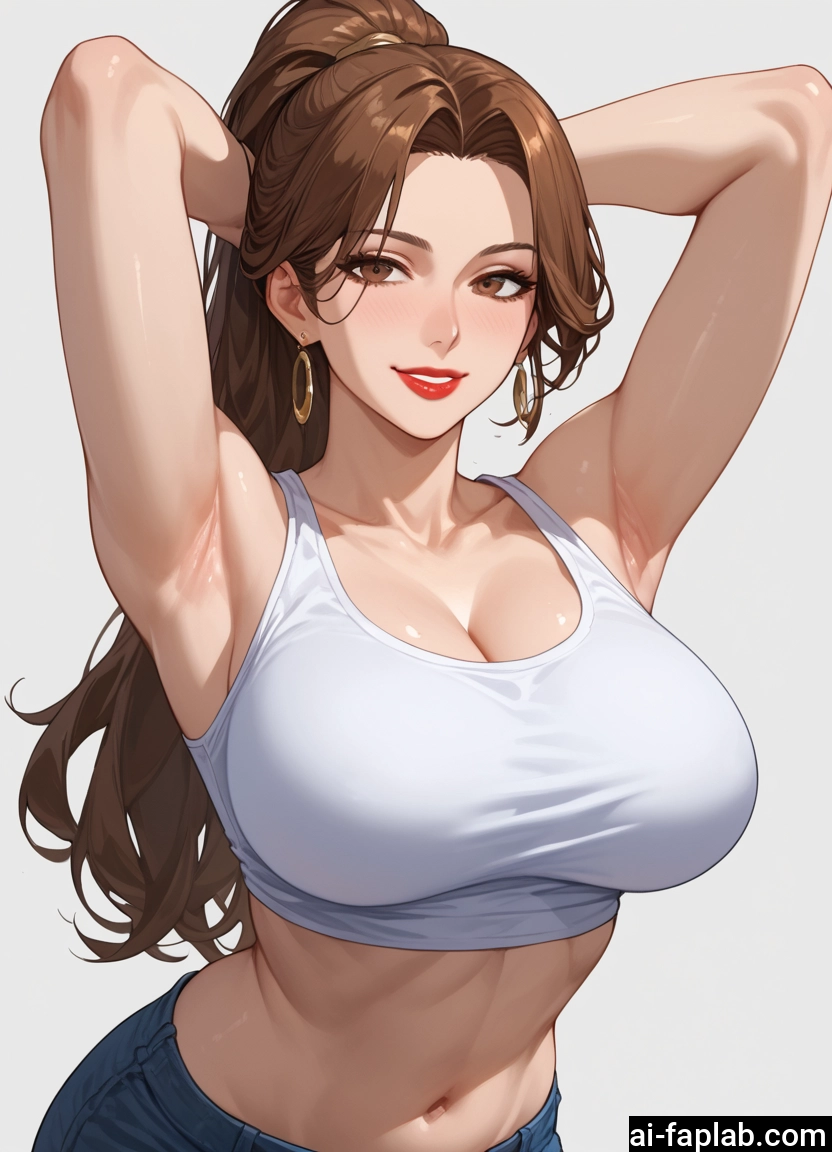 1girl, breasts, brown hair, armpits, jewelry, earrings · Yamete.gg