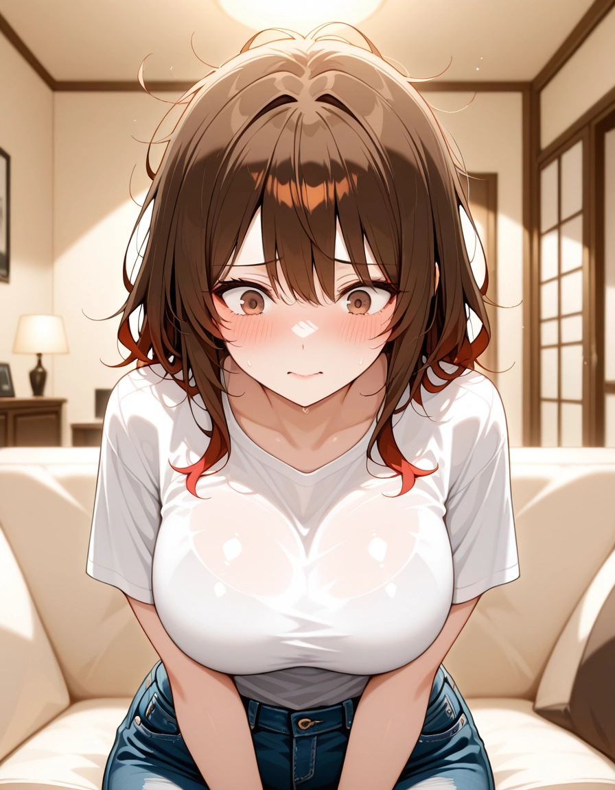 1girl, breasts, brown hair, pants, denim, shirt · Yamete.gg