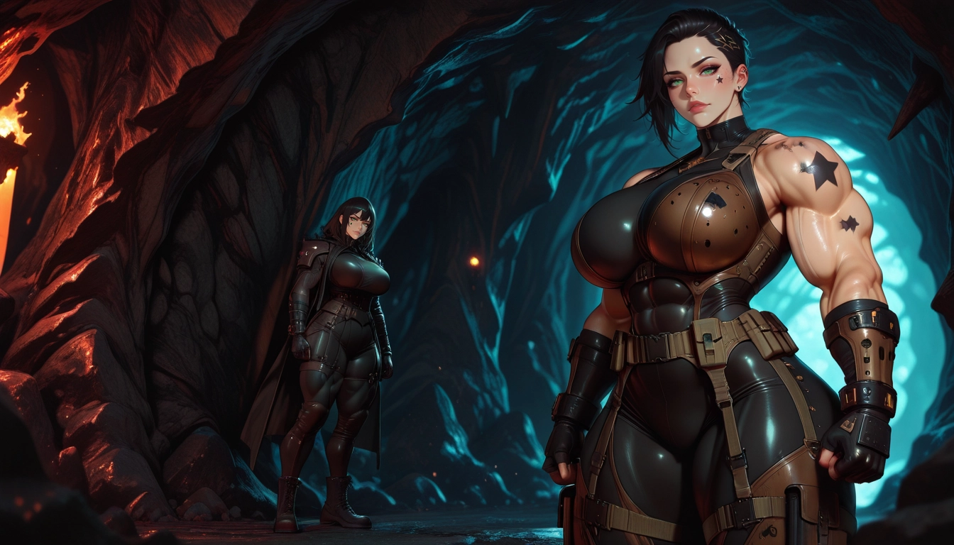 muscular female, muscular, breasts, weapon, gloves, black hair · Yamete.gg