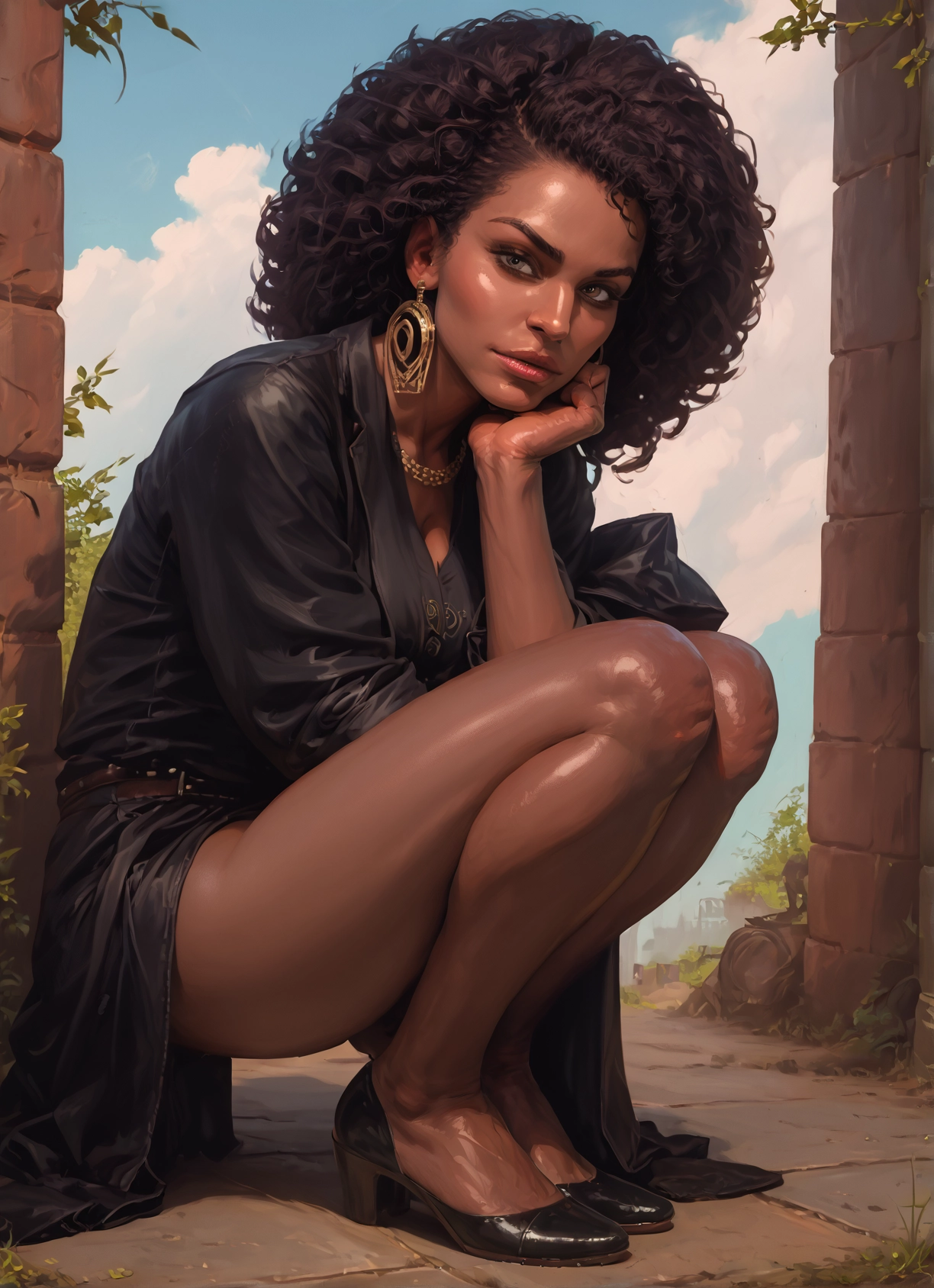 1girl, jewelry, solo, earrings, squatting, high heels · Yamete.gg