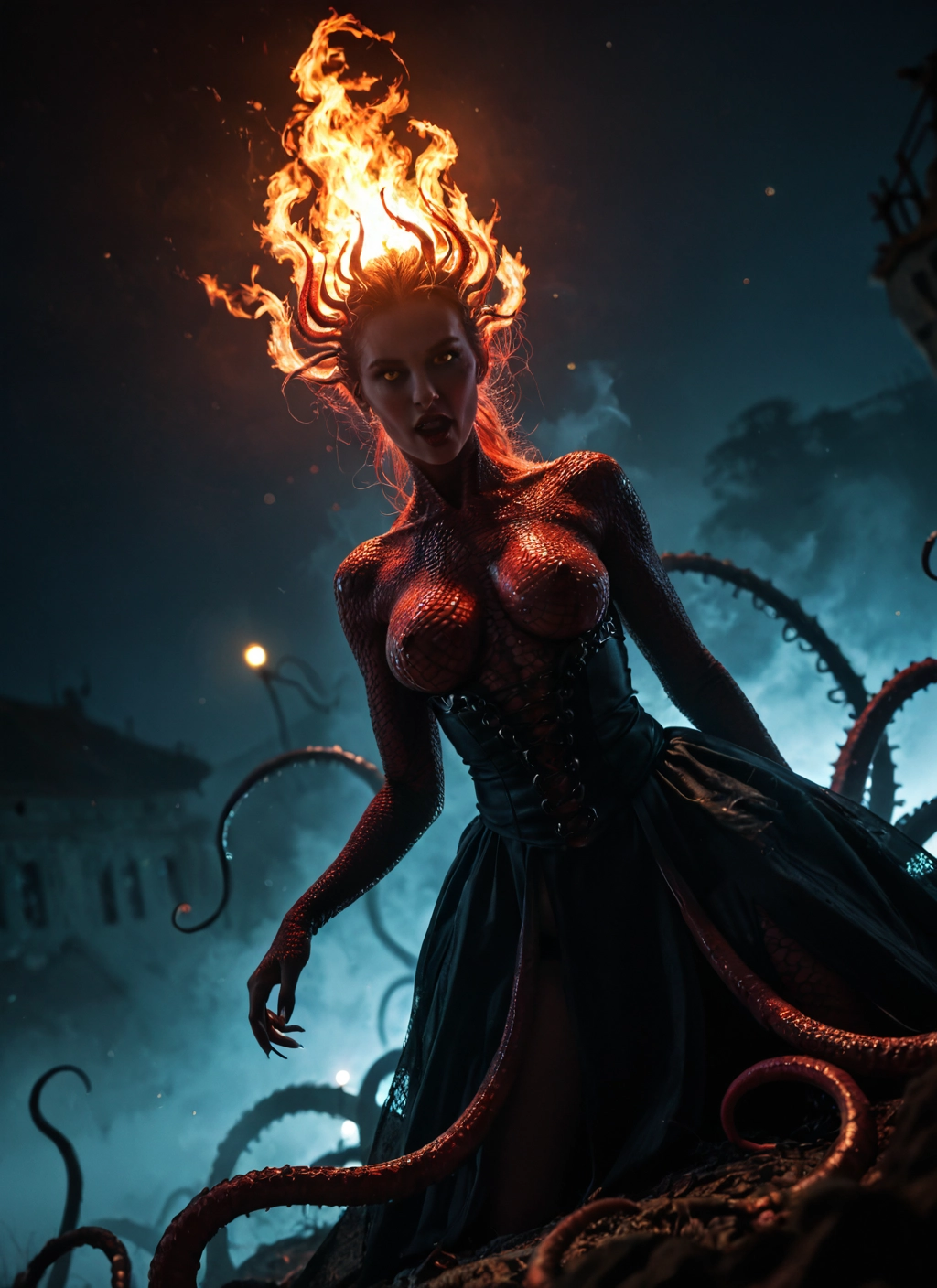 1girl, solo, fire, breasts, tentacles, dress · Yamete.gg