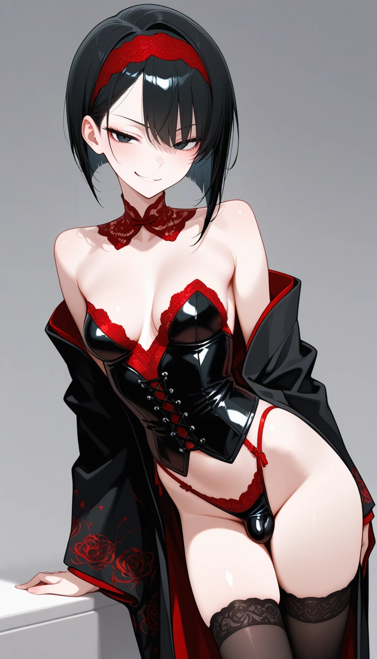 solo, thighhighs, short hair, black hair, underwear, panties · Yamete.gg
