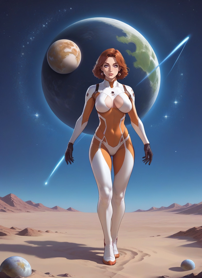 1girl, breasts, solo, planet, brown hair, bodysuit · Yamete.gg