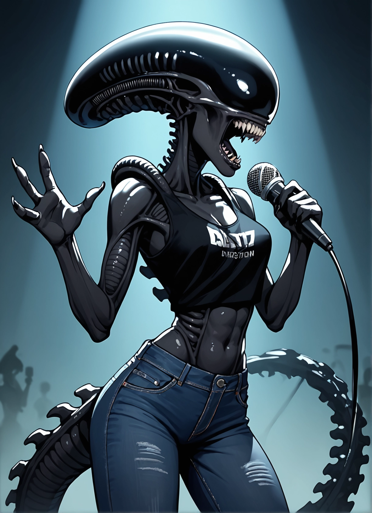 1girl, microphone, pants, denim, jeans, breasts · Yamete.gg