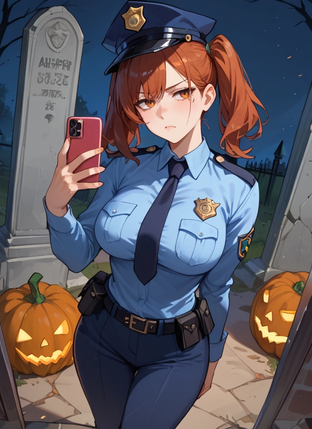 1girl, phone, twintails, breasts, necktie, police · Yamete.gg