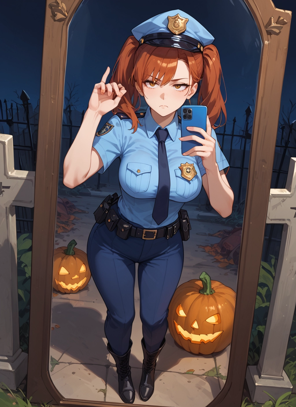 1girl, phone, twintails, police, necktie, police uniform · Yamete.gg