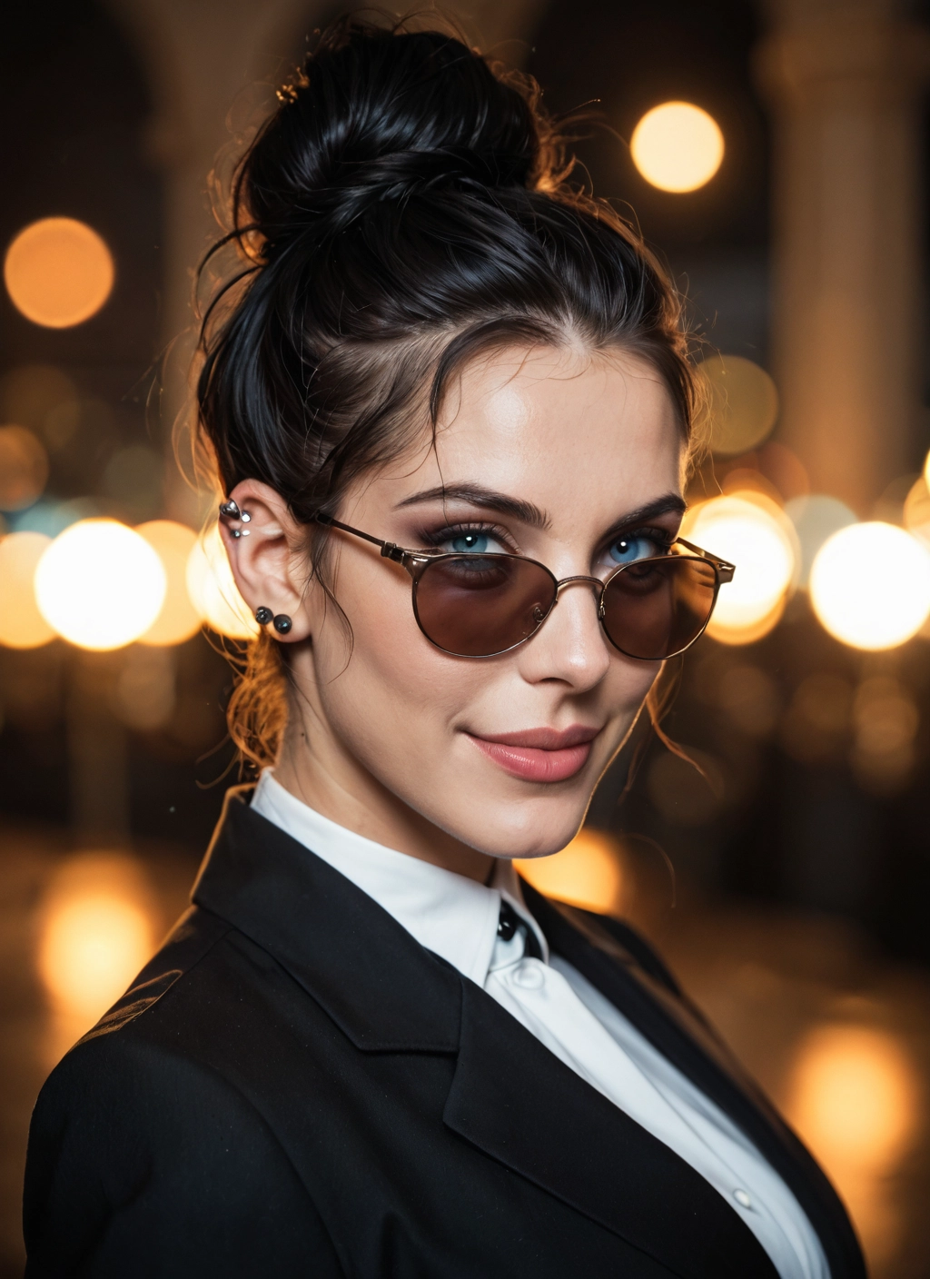 1girl, solo, sunglasses, jewelry, black hair, earrings · Yamete.gg