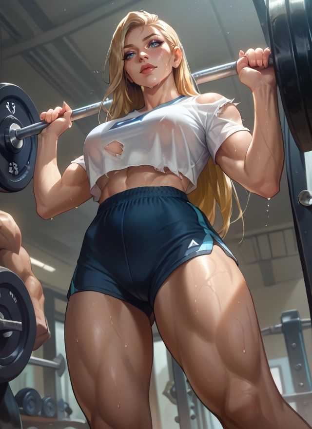 1girl, blonde hair, muscular, breasts, shorts, muscular female · Yamete.gg