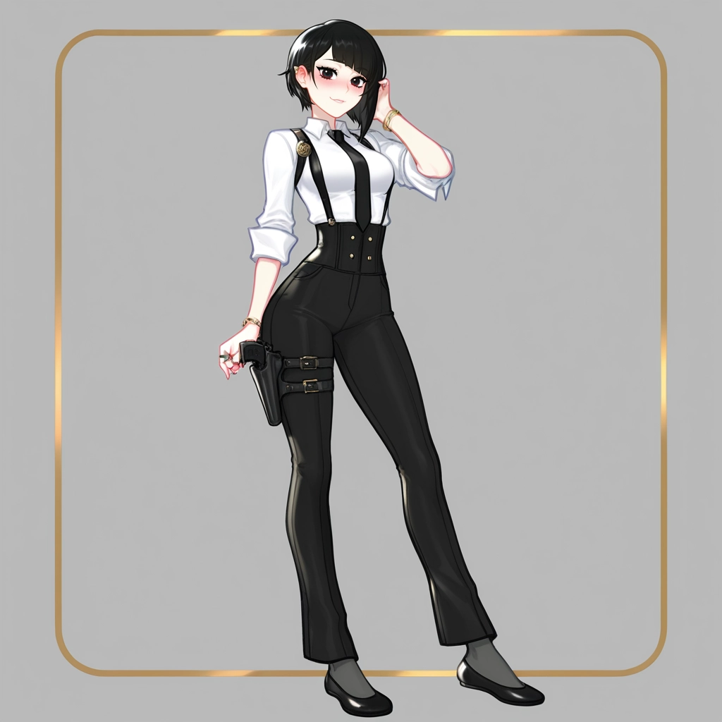 1girl, solo, holster, shirt, pants, collared shirt · Yamete.gg