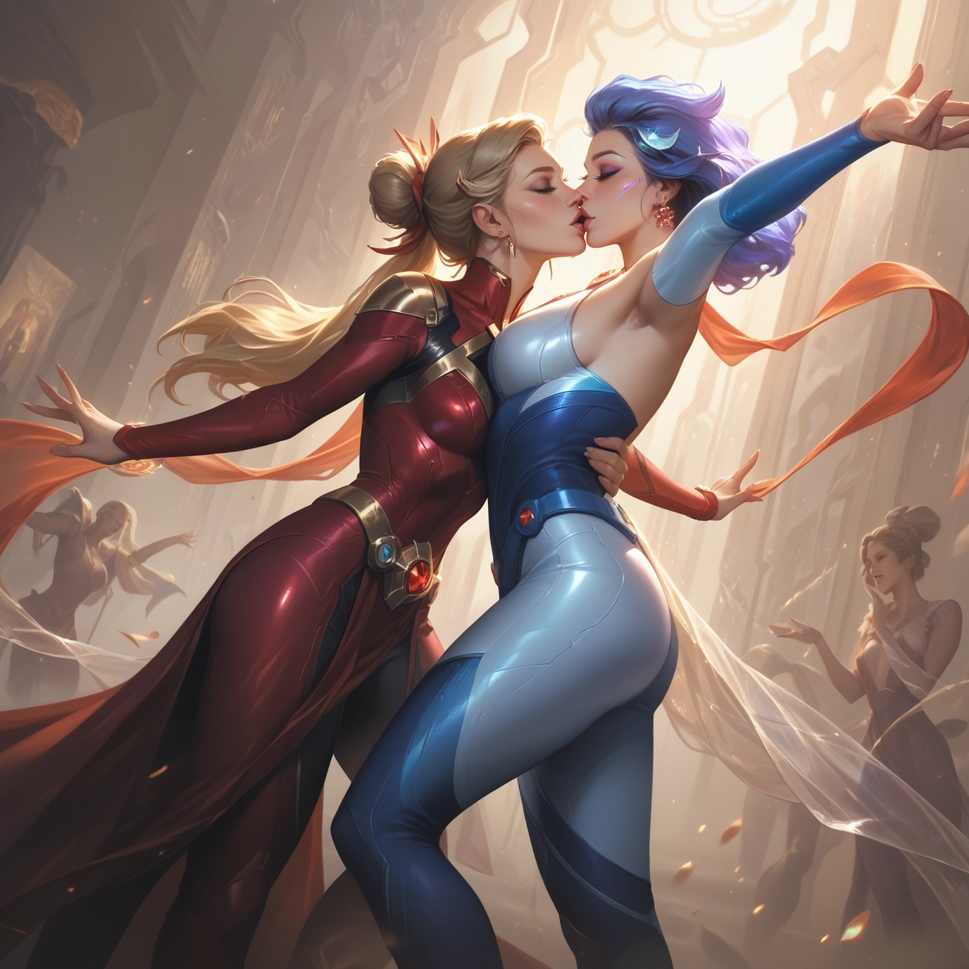 multiple girls, yuri, breasts, jewelry, blonde hair, kiss · Yamete.gg