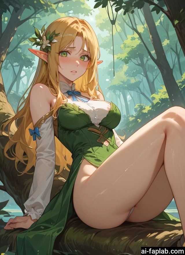 1girl, pointy ears, green eyes, breasts, blonde hair, long hair