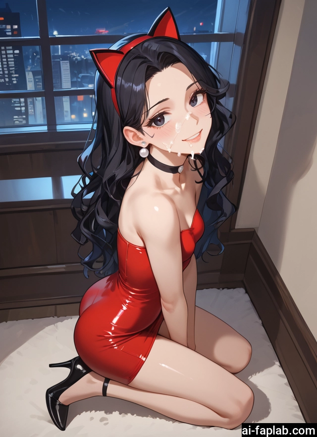 1girl, dress, solo, black hair, high heels, cum · Yamete.gg
