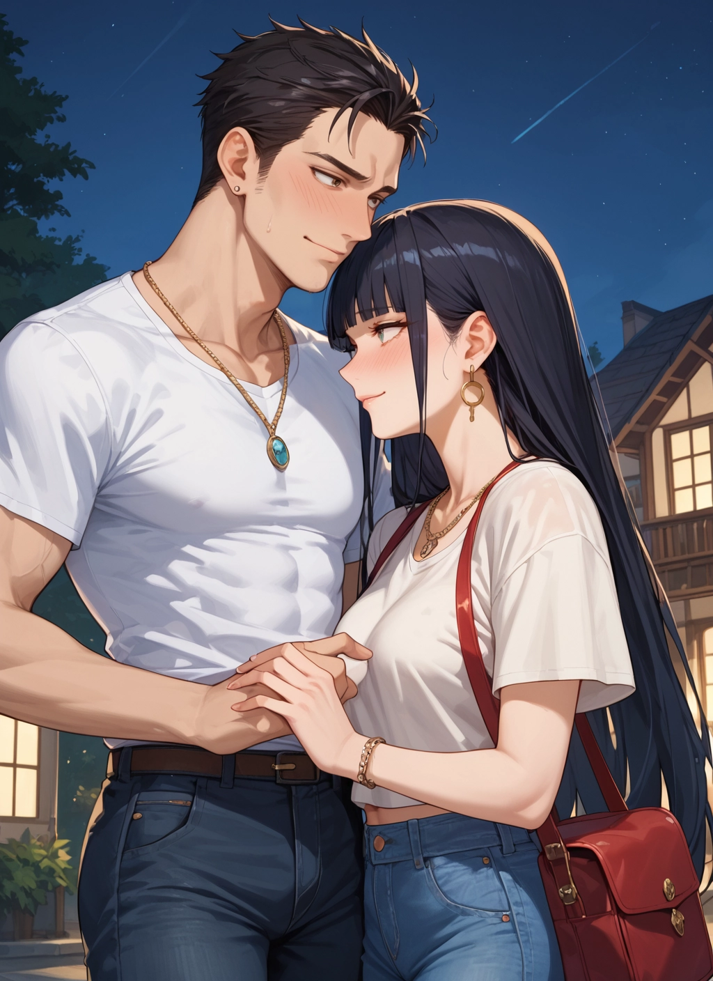 1girl, 1boy, jewelry, long hair, black hair, earrings · Yamete.gg