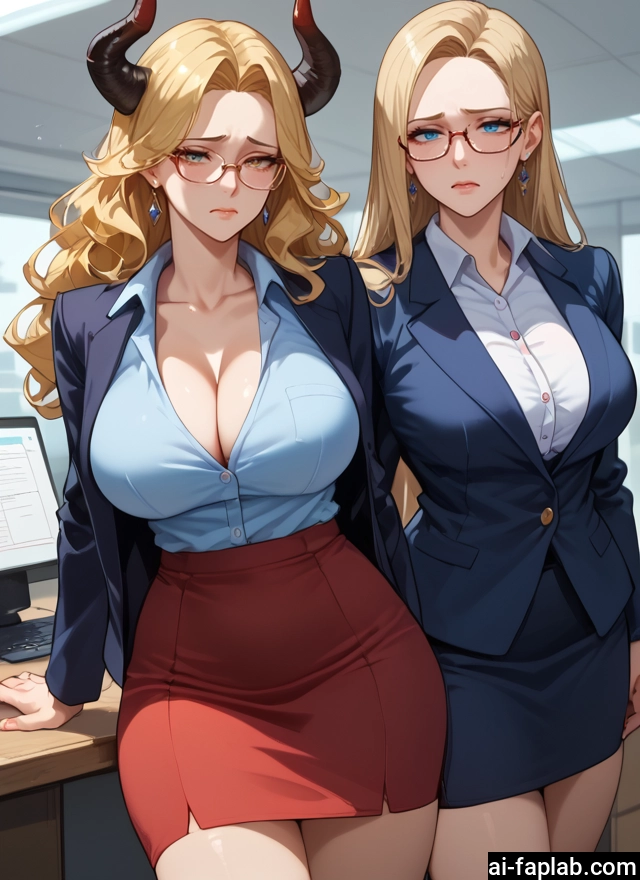 breasts, horns, blonde hair, skirt, jewelry, glasses · Yamete.gg