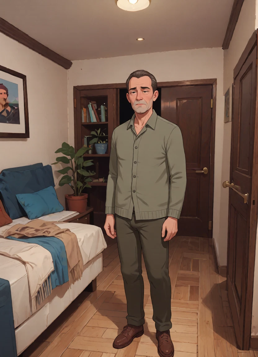 1boy, male focus, indoors, solo, facial hair, pants · Yamete.gg