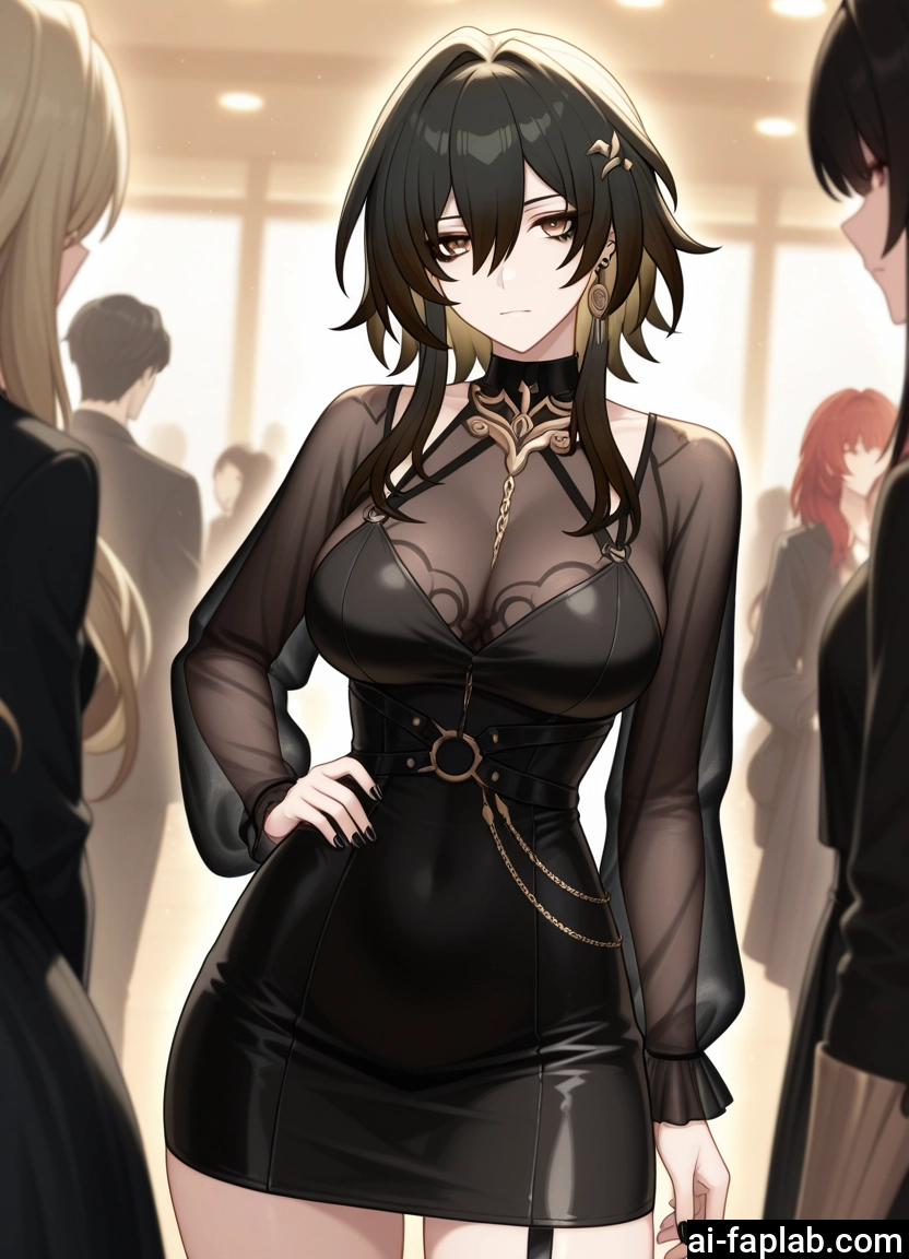 multiple girls, breasts, dress, jewelry, earrings, black hair · Yamete.gg