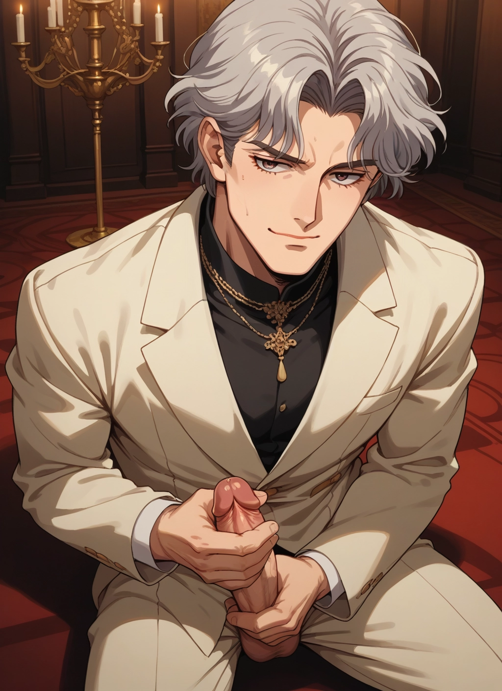 male focus, 1boy, solo, penis, grey hair, jewelry